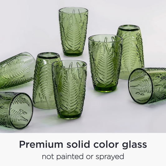 QELVIO Set of 8 Green Vintage-Style 12 oz Drinking Glasses – Hand-Blown & Gift-Ready
