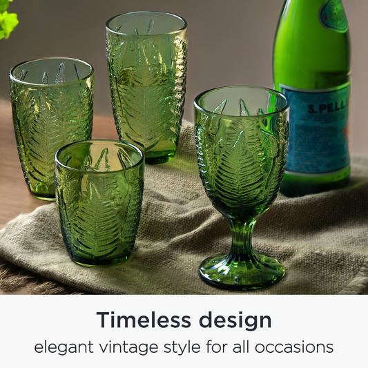 QELVIO Green Vintage Glass Goblets Set of 4 - 10 oz Antique Drinking Cups