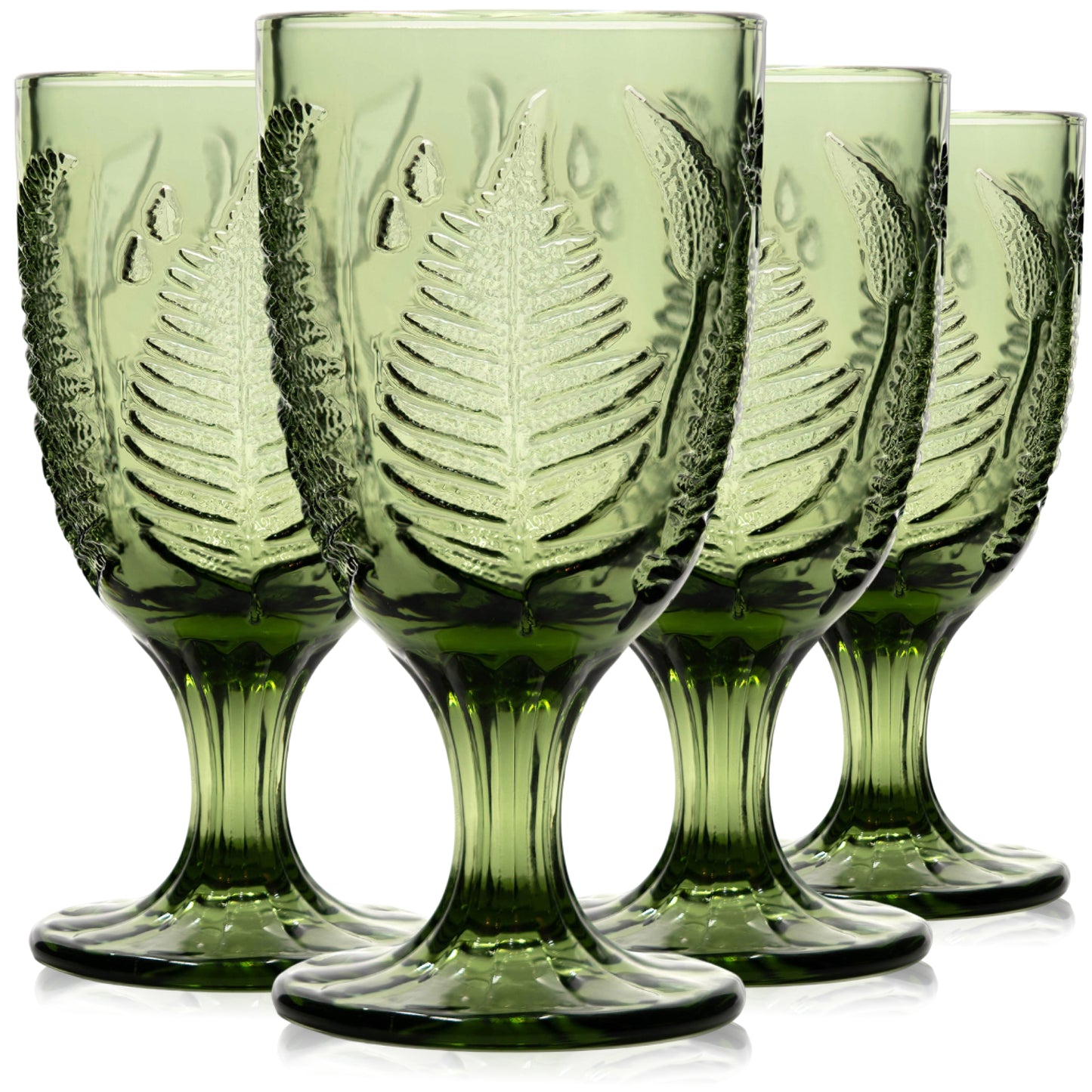 Green vintage glass goblets set with cute embossed fern pattern