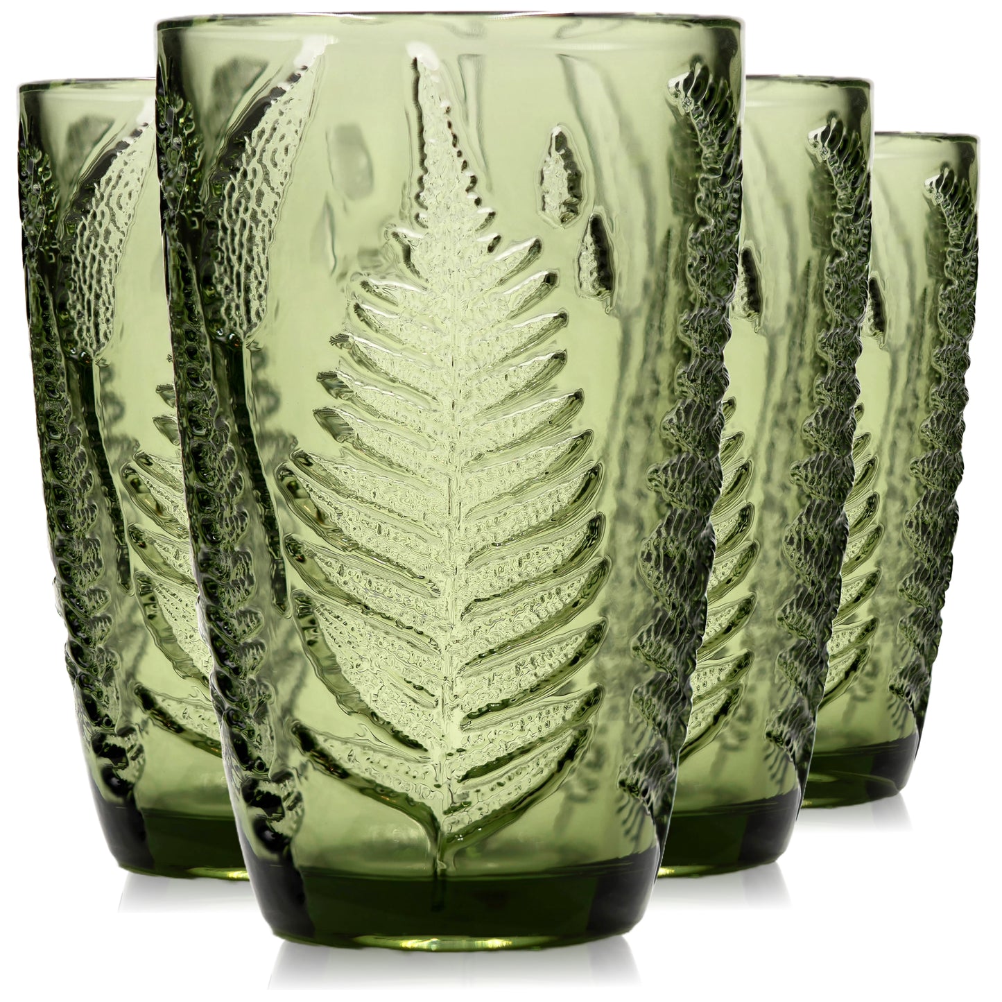 Set of four green vintage-style drinking glasses with embossed fern pattern on white background