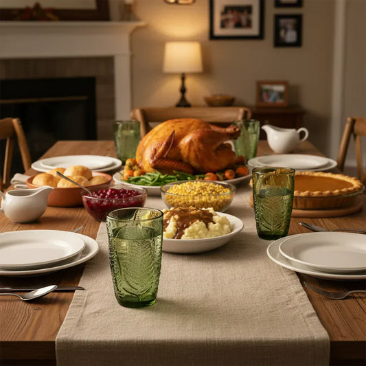 Thanksgiving dinner table with roast turkey, mashed potatoes, pumpkin pie and vintage green drinking glasses