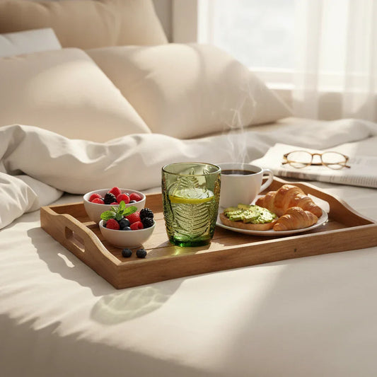 Vintage green glass on a breakfast tray with croissants, fruit, and coffee in bed.