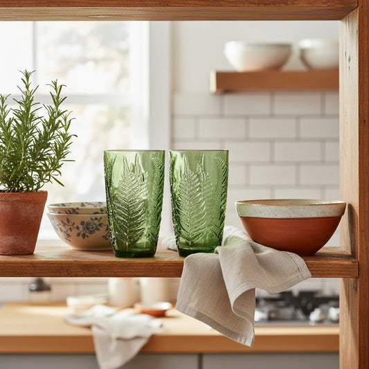 Rustic kitchen scene with green vintage glasses, terracotta bowl, and herbs.