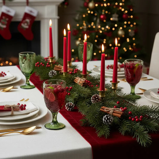 Vintage green glass goblets with embossed fern pattern on a Christmas table with red candles, pine branches, and festive decor