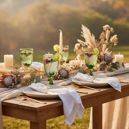 Boho wedding reception table at sunset with pampas grass, candles, and vintage green goblets, creating a dreamy and free-spirited vibe.