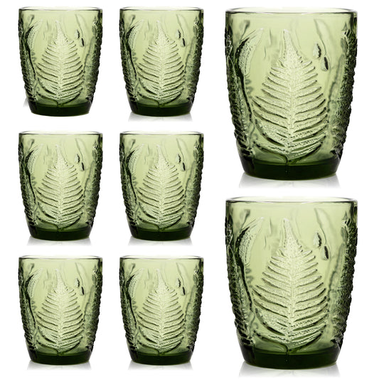 QELVIO Set of 8 Vintage Green 10 oz Drinking Glasses – Handblown Glassware Set