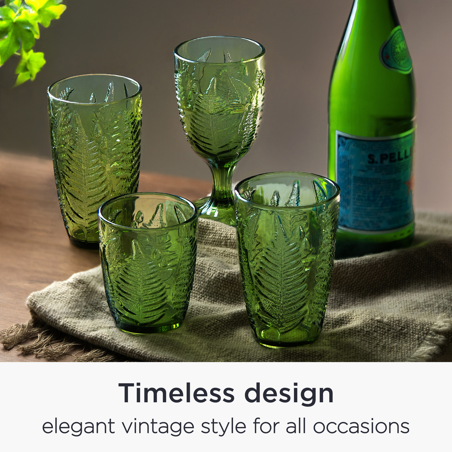 QELVIO Set of 8 Green Vintage-Style 12 oz Drinking Glasses – Hand-Blown & Gift-Ready