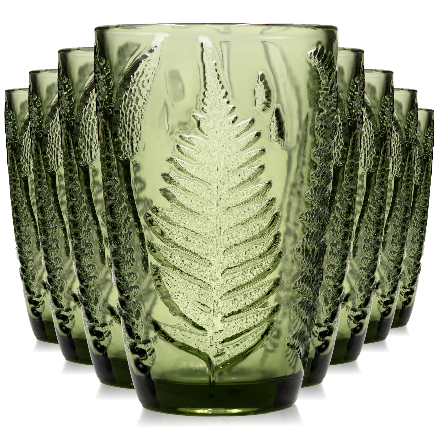 QELVIO Set of 8 Green Vintage-Style 12 oz Drinking Glasses – Hand-Blown & Gift-Ready