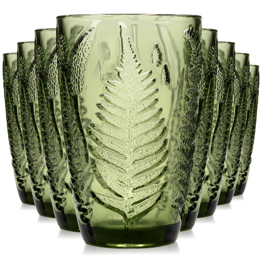 QELVIO Set of 8 Green Vintage-Style 12 oz Drinking Glasses – Hand-Blown & Gift-Ready