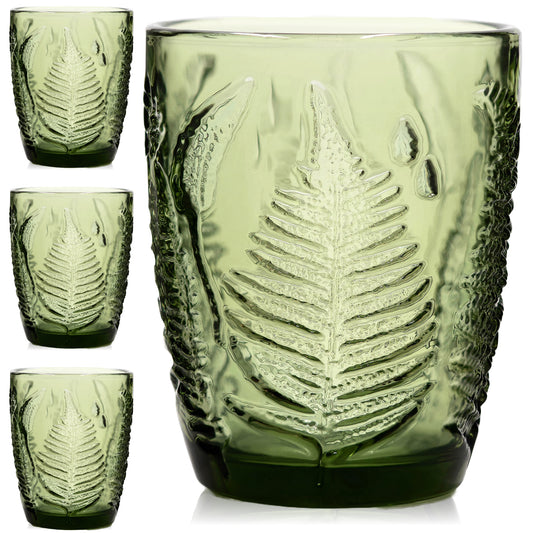 Hand-blown green vintage drinking glass with embossed fern pattern – front view